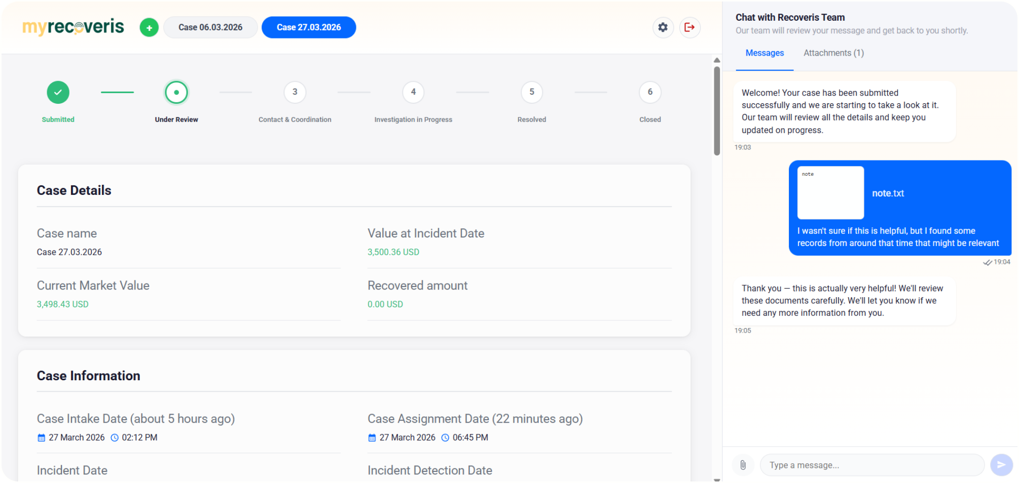 MyRecoveris Platform – Case Management Interface