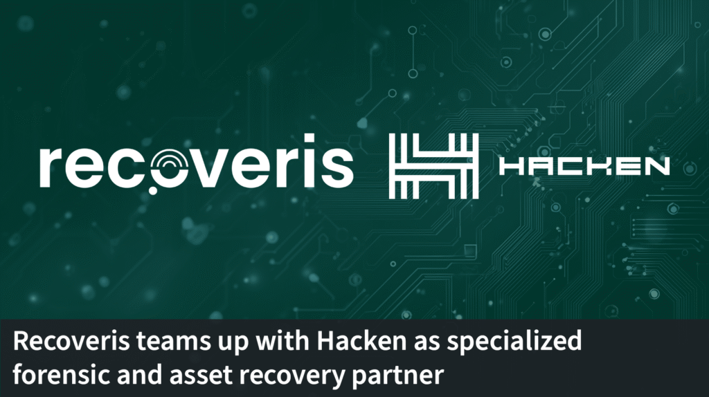 Logos of Recoveris and Hacken on a digital circuit background, with text: Recoveris teams up with Hacken as specialized forensic and asset recovery partner.