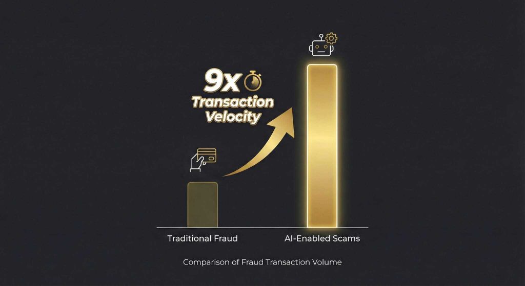 Bar chart comparing fraud transaction volume: Traditional Fraud has a short bar, while AI-Enabled Scams has a much taller, glowing bar with a 9x transaction velocity label and upward arrow between them.