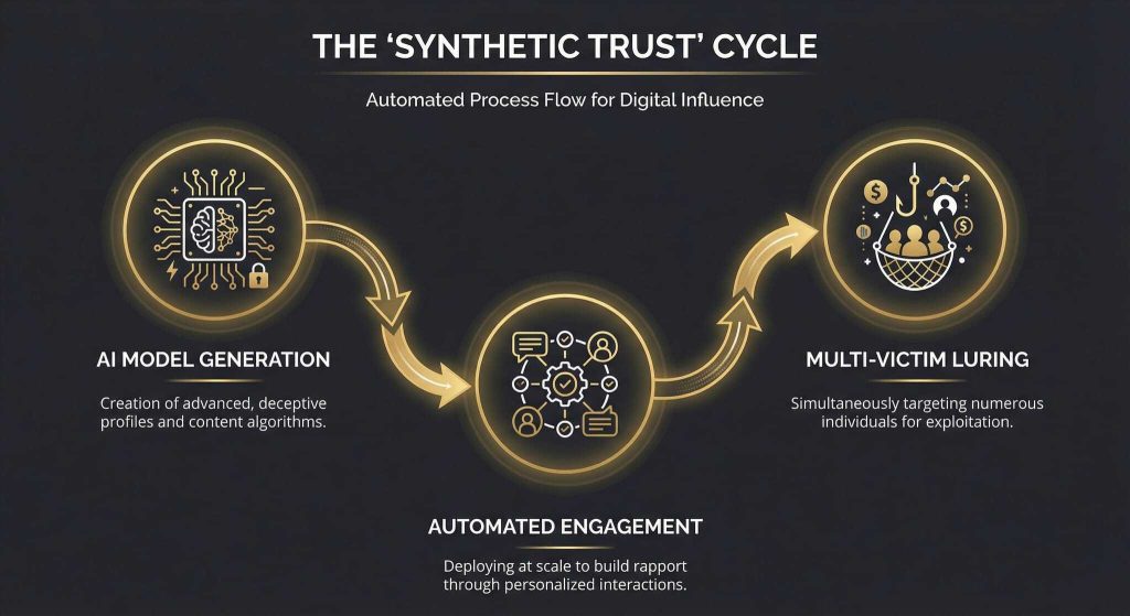 Infographic showing the Synthetic Trust Cycle: AI Model Generation, Automated Engagement, and Multi-Victim Luring, illustrating an automated process flow for digital influence with icons and brief descriptions for each stage.