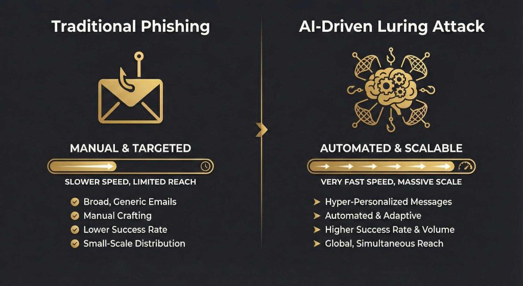 Comparison graphic of traditional phishing (manual, targeted, slower) versus AI-driven luring attack (automated, scalable, faster). Includes icons for each and lists differences in speed, targeting, personalization, and reach.