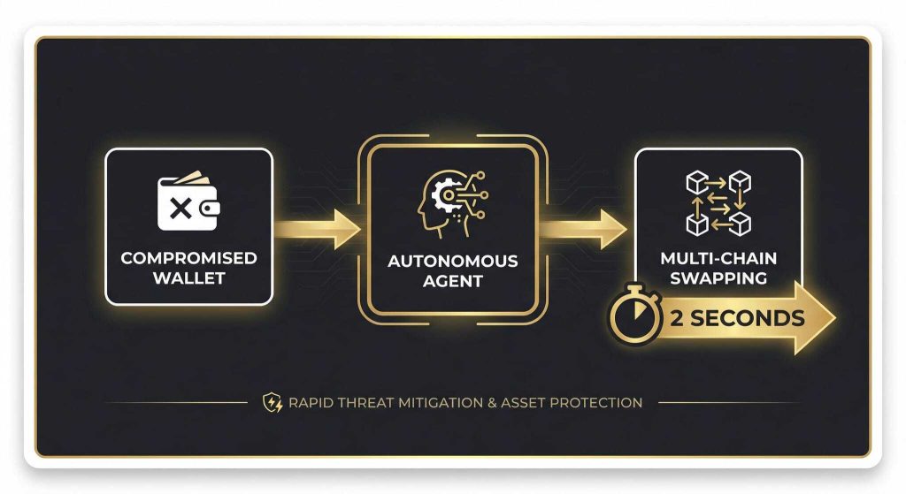 A flowchart showing a compromised wallet leading to an autonomous agent, which then enables multi-chain swapping in 2 seconds. Text below reads: Rapid threat mitigation & asset protection.
