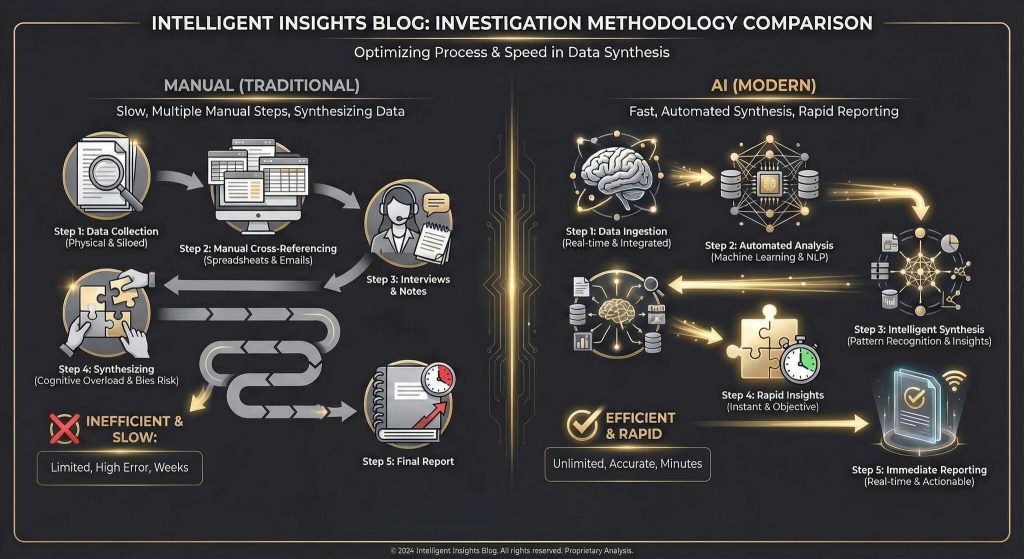 Infographic comparing manual (slow, inefficient, limited) vs. AI (fast, efficient, rapid) data synthesis methodologies, illustrating each step and showing AIs advantages in speed, automation, and reporting abilities.