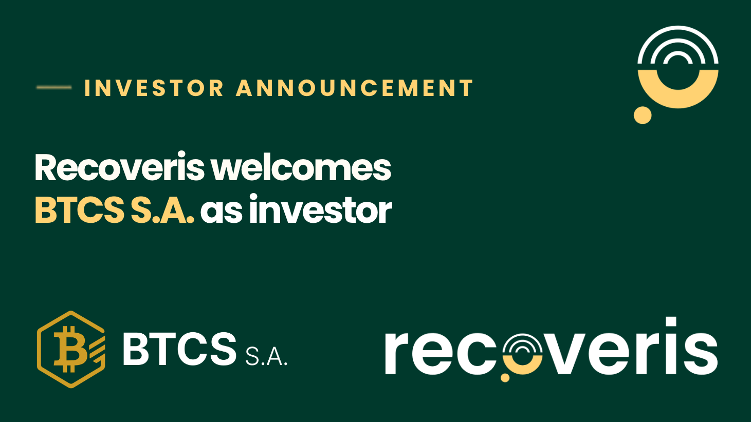 Recoveris welcomes BTCS S.A. as an investor