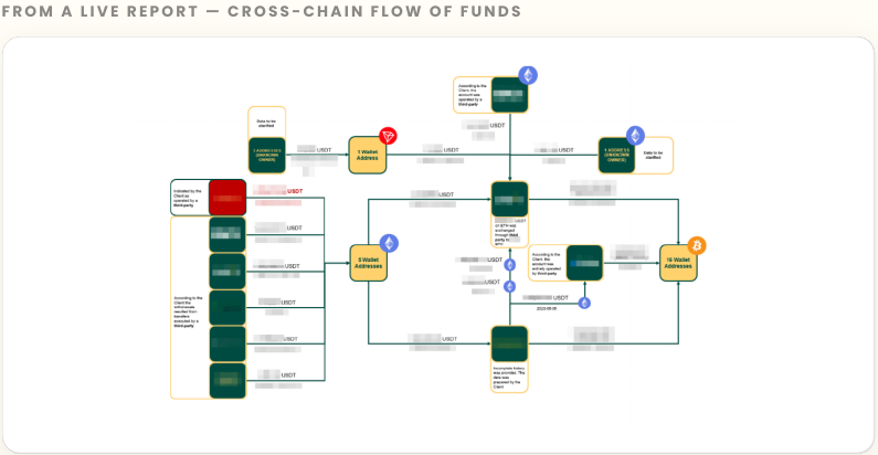 An anonymised cross-chain flow of funds from a live Recoveris Source of Funds report
