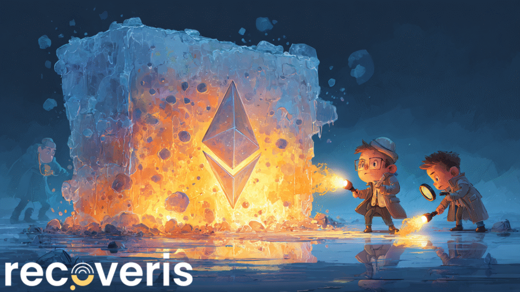 Two child detectives examine a huge icy block containing the Ethereum logo, using torches and a magnifying glass. The word recoveris is displayed in the corner. The scene is glowing and mysterious, set at night.