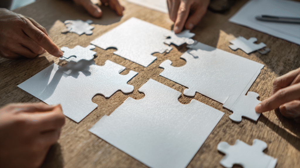 Four hands work together to assemble large blank white puzzle pieces on a wooden table, symbolizing teamwork and collaboration.
