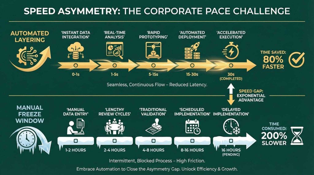 Infographic compares automated layering (fast, seamless workflow) to manual processes (slow, intermittent). Automation saves 80% of time; manual methods take 200% longer due to delays like data entry and validation.