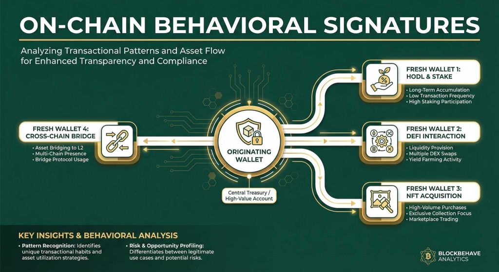 Infographic titled On-Chain Behavioral Signatures shows an originating wallet connected to four types of wallets, each with unique behaviors, for analyzing blockchain transactions and compliance. Key insights and risks are listed below.