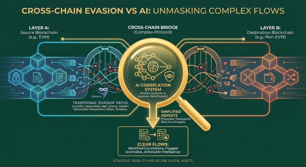 Infographic showing cross-chain evasion versus AI systems in blockchain. A magnifying glass highlights AI correlation detecting patterns and anomalies between source and destination blockchains, simplifying insights for secure digital asset flows.