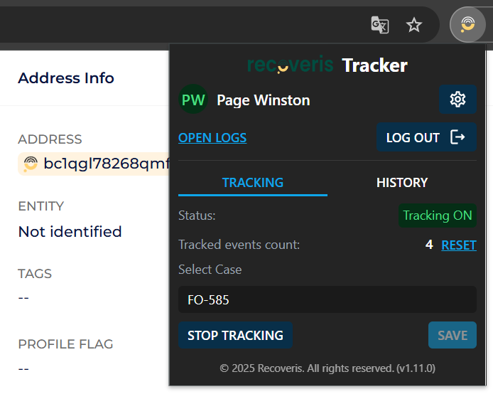 The Tracker extension panel in dark mode, with tracked event count and case FO-585 selected