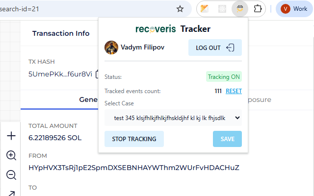 The Tracker extension panel open on a Solana transaction, showing tracking status and the selected case